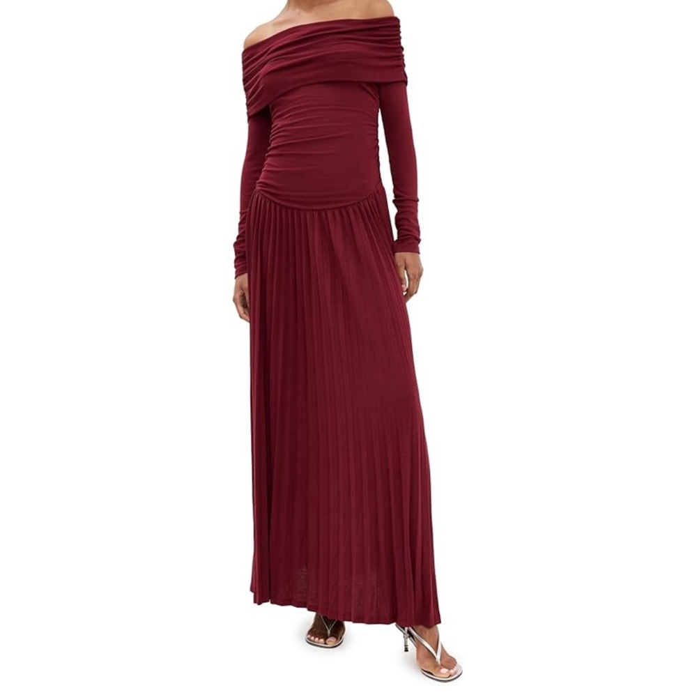 Lioness Red Ribbed Off-Shoulder Gown